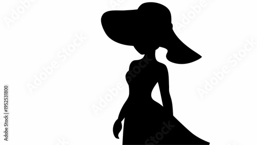 Elegant Woman Wearing Large Floppy Hat Silhouette in Black Color with Flowing Dress and Side View Profile