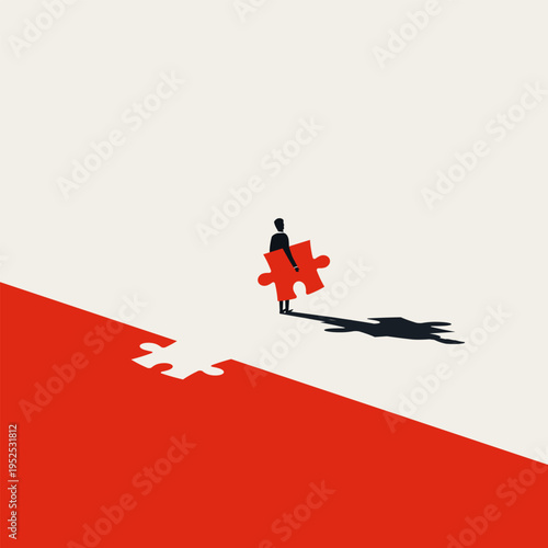 Minimal vector concept illustration of a self-employed entrepreneur businessman holding a puzzle piece symbol. Represents an individual startup, a corporate spin off, and a drive to carve out success.