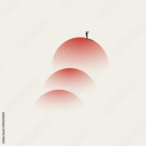 Abstract vector concept minimal illustration of a visionary businessman leader using a telescope on red hills. Represents business opportunity, future vision, and corporate leadership strategy.