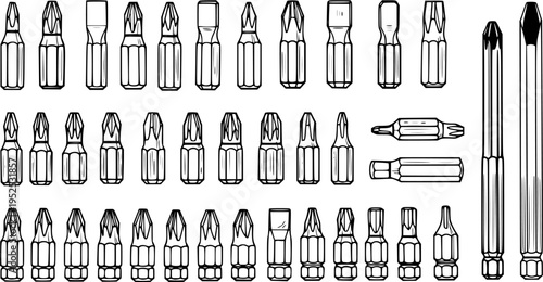 Black and White Line Art Illustration of Assorted Screwdriver Bits and Handles, Construction Tool Set