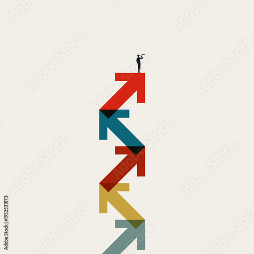 Minimal vector concept illustration of a businessman climbing colorful zig zag arrows. Represents corporate business growth, career ambition, and leadership success aiming for professional motivation.