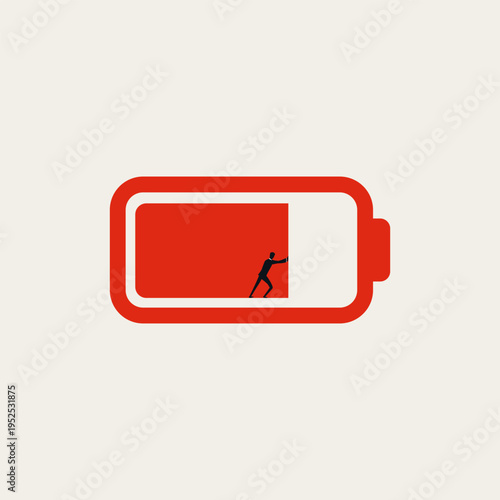 Minimal vector concept illustration of a tired businessman needing rest. Represents a mental state of low energy, requiring a battery recharge for health recovery in corporate business.