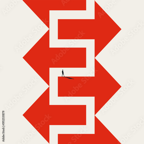 Minimal vector concept illustration of a businessman walking a red arrow maze path. Represents corporate career direction, business mission, and the labyrinth journey to professional success.