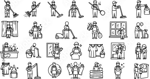 Black and White Line Art Icons of Housekeeping and Cleaning Services