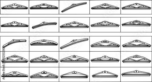 Automotive Windshield Wiper Blades Vector Line Art Set. Diverse Collection of Car Wiper Types and Connectors for Auto Parts Industry.