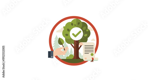 A hand holds a green leaf next to a tree with a checkmark and a scroll, all enclosed within a red circular frame.