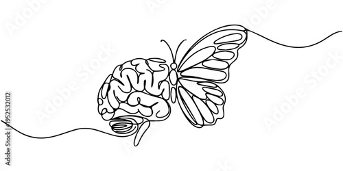 brain with butterfly continuous one line drawing, Butterfly emerging from a brain in one line drawing. Personal transformation in psychology, Butterfly emerging from a brain in continuous one line