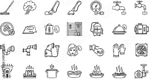 Black and White Line Art Icons of Steam and Heat Appliances for Home and Industry, Vector Icons