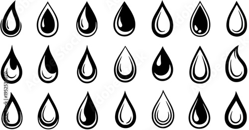 Black and White Water Drop Icons Set, Line Art and Solid Styles, Wetness Symbol