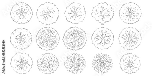Collection of architectural tree top view symbols and landscape garden plant sketches for site planning and map design vector illustration