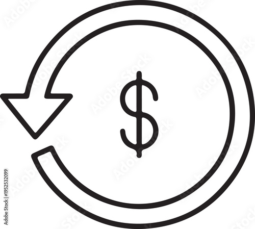 Clean icon illustrating refund process with return arrow and currency symbol. Perfect for eCommerce,