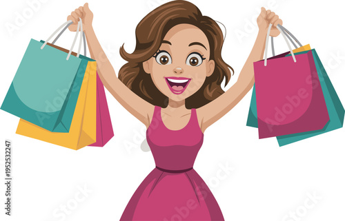 Happy excited young woman character holding many colorful shopping bags celebrating retail sale discount isolated on white background vector illustration