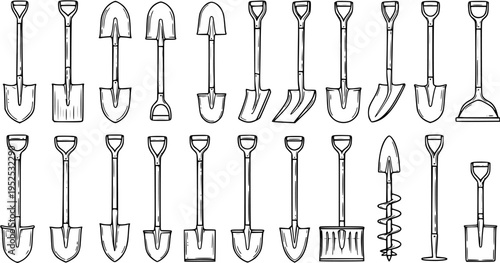 Black and White Line Art of Various Shovels and Digging Tools for Gardening and Construction
