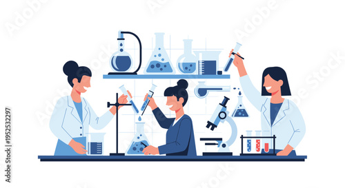 Three female scientists in lab coats conduct experiments with various beakers, flasks, and test tubes in a laboratory.
