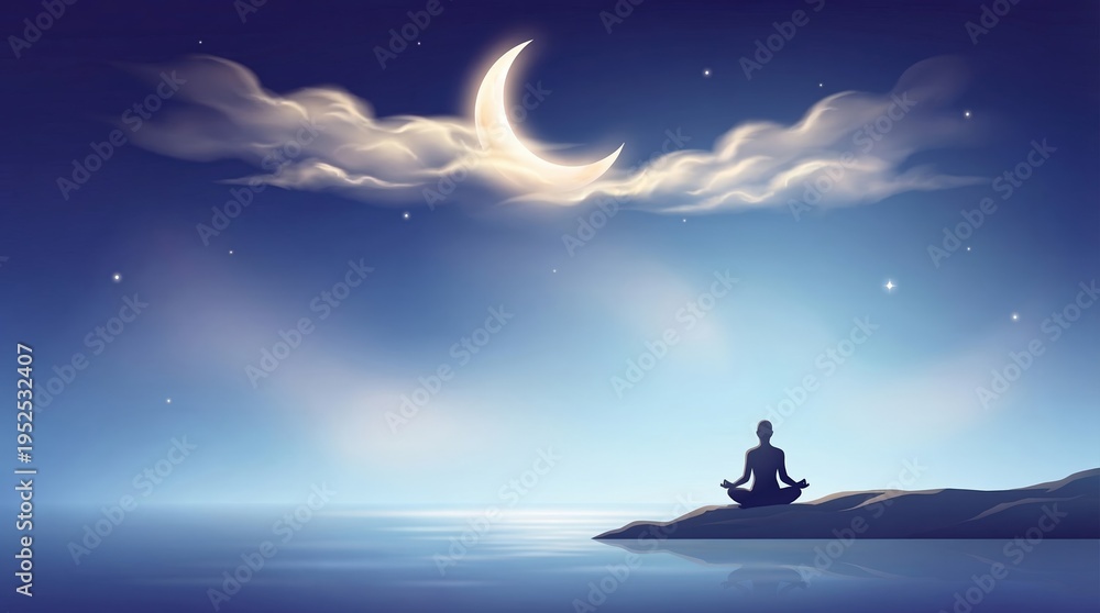 Naklejka premium Illustration of a person meditating by the water under a crescent moon and clouds, promoting sleep hygiene and relaxation concepts for design