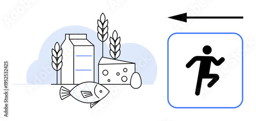 Healthy lifestyle concept. Visual emphasis on balanced nutrition milk, cheese, fish, egg, and grains. Highlights healthy living habits and food choices. For wellness, fitness nutrition education