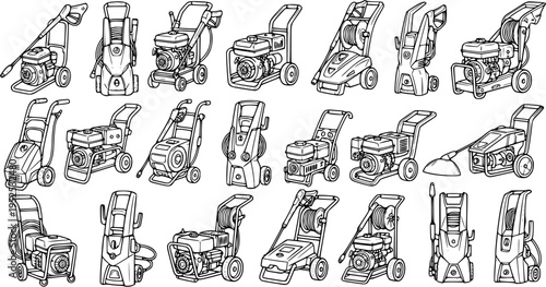 Black and White Line Art Collection of Various Pressure Washers, Cleaning Equipment