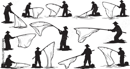 Fisherman Silhouette Collection in Various Fishing Poses and Actions