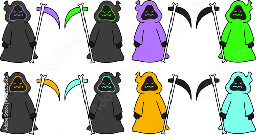 Set of charming cartoon Grim Reaper figures, each wearing a different vibrant colored robe: purple, green, and orange. Creative character assets for diverse gaming avatars, colorful Halloween decorati