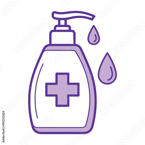 Illustrated hand sanitizer bottle with cross symbol dispensing liquid droplets in a clean and modern purple design for hygiene and medical branding