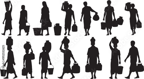 Silhouettes of people carrying luggage and walking various directions