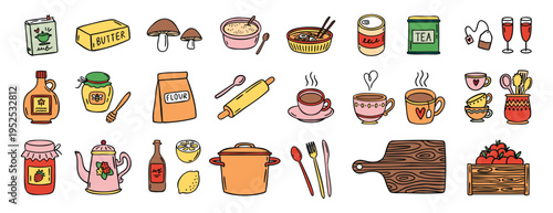 Kitchen essentials set tea butter flour maple syrup utensils, cozy hand drawn doodle style.