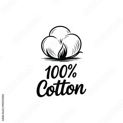A black and white illustration of cotton with text indicating 100 cotton