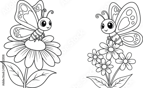 Cartoon butterflies sitting on large flowers with leaves and stems  line art