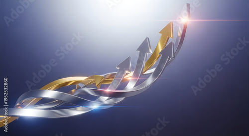 Shiny metallic 3D arrow icons in gold and silver