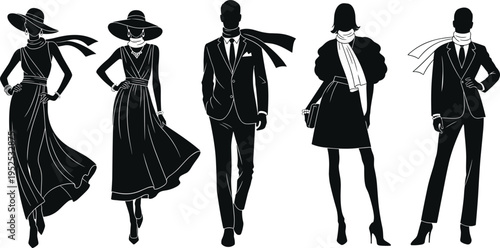 Elegant Fashion Models Silhouette Set Showcasing Stylish Men and Women in Trendy Outfits, Runway Walk and Modern Apparel Illustration
