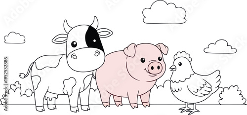 Cartoon farm animals cow pig and chicken standing together in a field with clouds  friendly smiling farm friends