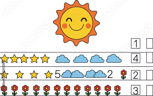 Cartoon sun smiling with stars clouds and flowers rating system  educational  colorful