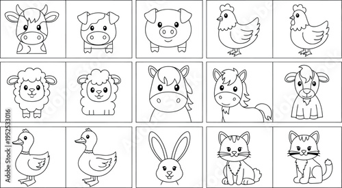 Cute cartoon farm and domestic animals in square frames on white background for kids and children education  farmyard friends collection