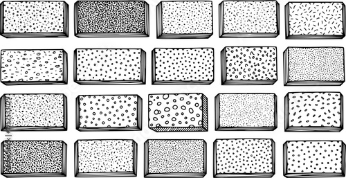Food  Confectionery: Hand-drawn Black and White Line Art Illustration of Various Textured Snack and Candy Bars with Diverse Patterns.