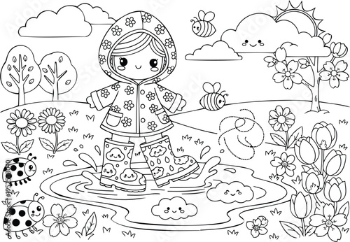 Cute cartoon girl playing in puddle with flowers trees and insects on sunny day in rain boots and coat