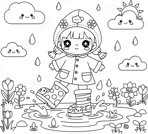 Cute cartoon girl wearing raincoat and boots playing in puddle on rainy day with flowers and animals  fun outdoor activity