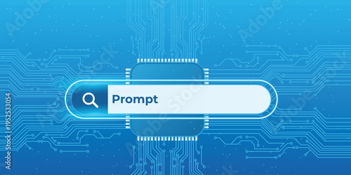 A futuristic search bar on a blue circuit board background with a glowing effect