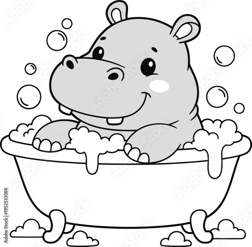 Cute cartoon hippo sitting in a bathtub with soap bubbles and water  playful bathroom scene