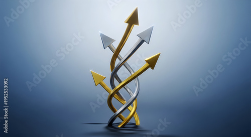 3D arrows twisted together in gold silver and white