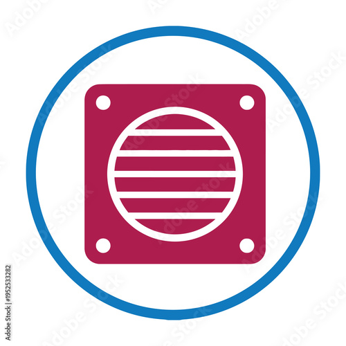 Red square ventilation grille with circular slats and four screws framed in blue circle on white background