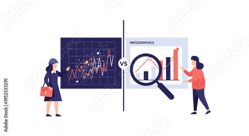 Two women stand on opposite sides of a VS symbol, comparing a complex statistical chart on a dark blue background with a simpler infographic featuring bar charts and a magnifying glass.