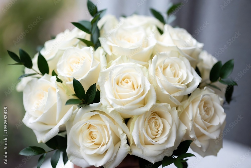 Obraz premium A bouquet of white roses rests on a dark surface.