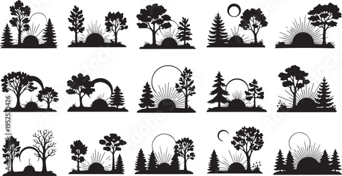 Collection of tree silhouettes at sunrise and sunset moments