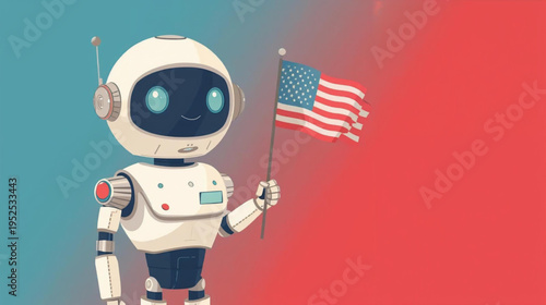 human robot holding american flag vector illustration
