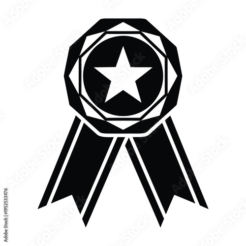 Black and white star badge with ribbons symbolizing achievement and recognition for success and excellence minimalist design with clean geometric shapes