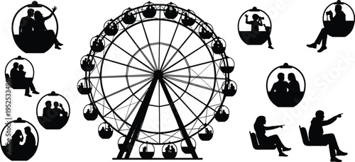 Ferris Wheel Silhouette with Passengers in Cabins and People Relaxing, Amusement Park Ride and Leisure Activity Illustration Set