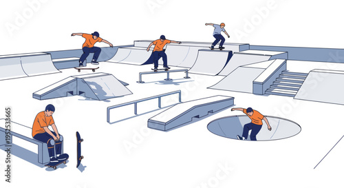 Skatepark illustration with multiple skateboarders performing tricks, dynamic action scene