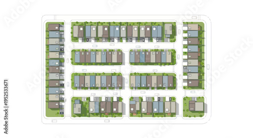 Aerial view of a modern housing development with townhouses arranged in blocks and streets.