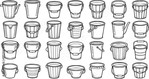 Hand Drawn Black and White Line Art Buckets Collection for Cleaning, Household, Gardening. Doodle Style Utility Pails Set.