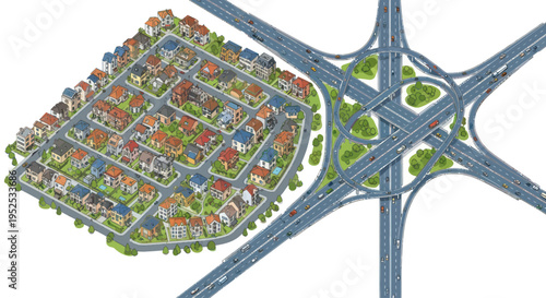 Aerial View of Suburban Neighborhood Adjacent to Highway Interchange